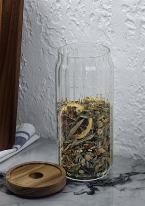 Timber Cam Kavanoz - Çizgili Saklama Kavanozu - Ahşap Kapaklı, 950 ML