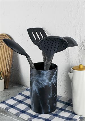 Silikon Servis Seti - Mermer Desenli Kepçe Kevgir Takımı - 5 Parça, Stantlı