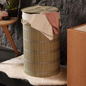 Kirli Çamaşır Sepeti Bambu Hasır Desenli Çamaşır Selesi Kapaklı Yuvarlak Kirli Sepeti Çizgili 35x60 