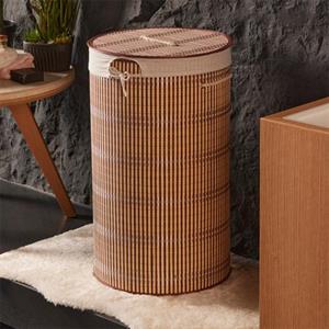 Kirli Çamaşır Sepeti Bambu Hasır Desenli Çamaşır Selesi Kapaklı Yuvarlak Kirli Sepeti Çizgili 35x60 