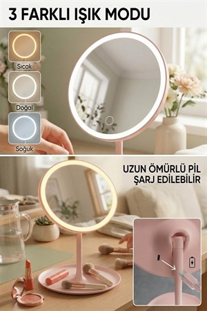 Ledli Yuvarlak Ayna Işıklı Mini Makyaj Aynası