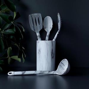 Silikon Servis Seti - Mermer Desenli Kepçe Kevgir Takımı - 5 Parça, Stantlı