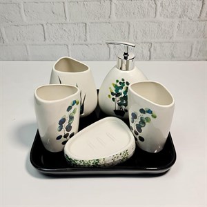 Porselen Banyo Seti Stantlı Wc Sıvı Sabunluk Lavabo Takımı 6lı 