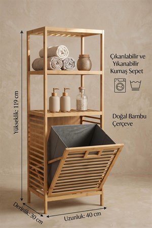 Raflı Bambu Kirli Çamaşır Sepeti 3 Katlı 30x40x119