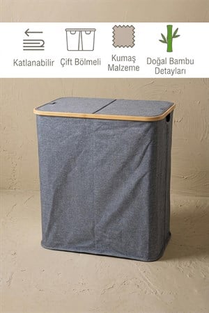 Vıch İki Bölmeli Katlanır Çamaşır Kirli Sepeti Gri 54x54x34 