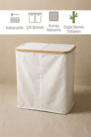 Vıch İki Bölmeli Katlanır Çamaşır Kirli Sepeti Krem 54x54x34 