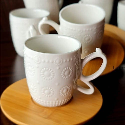 Beyaz Papatya Desenli Bambu Tabaklı Kahve Fincanı Takımı Seti 6'lı |  Hometarz