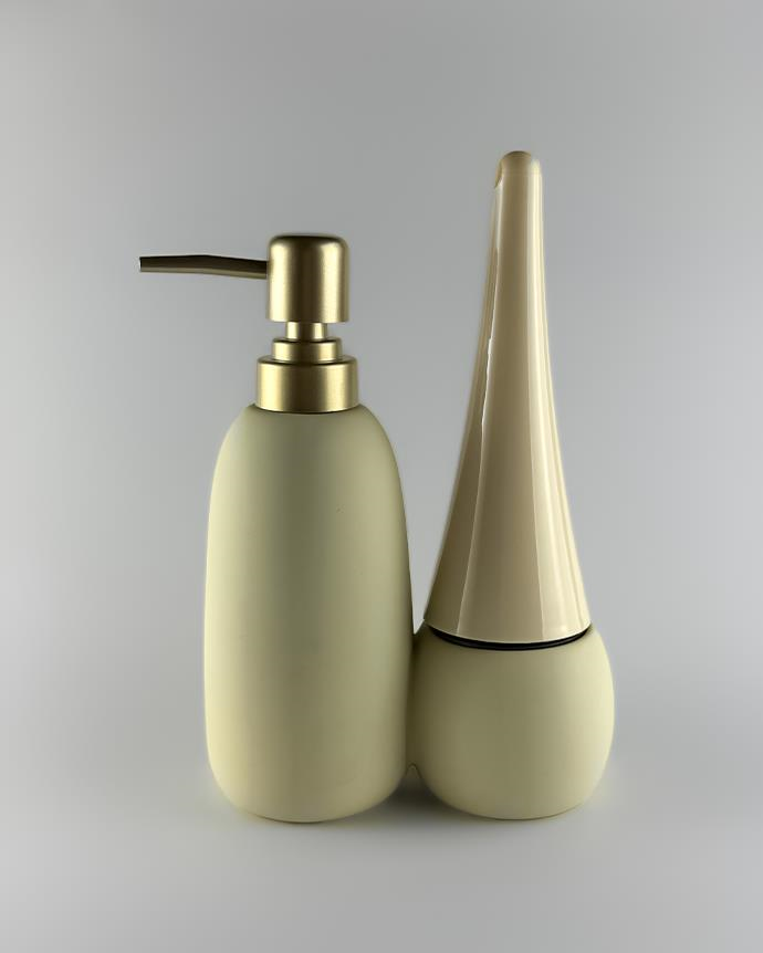 Porselen Sıvı Sabunluk Seti - Lavabo Fırçalı Sıvı Sabunluk Takımı - Krem - 350 ML