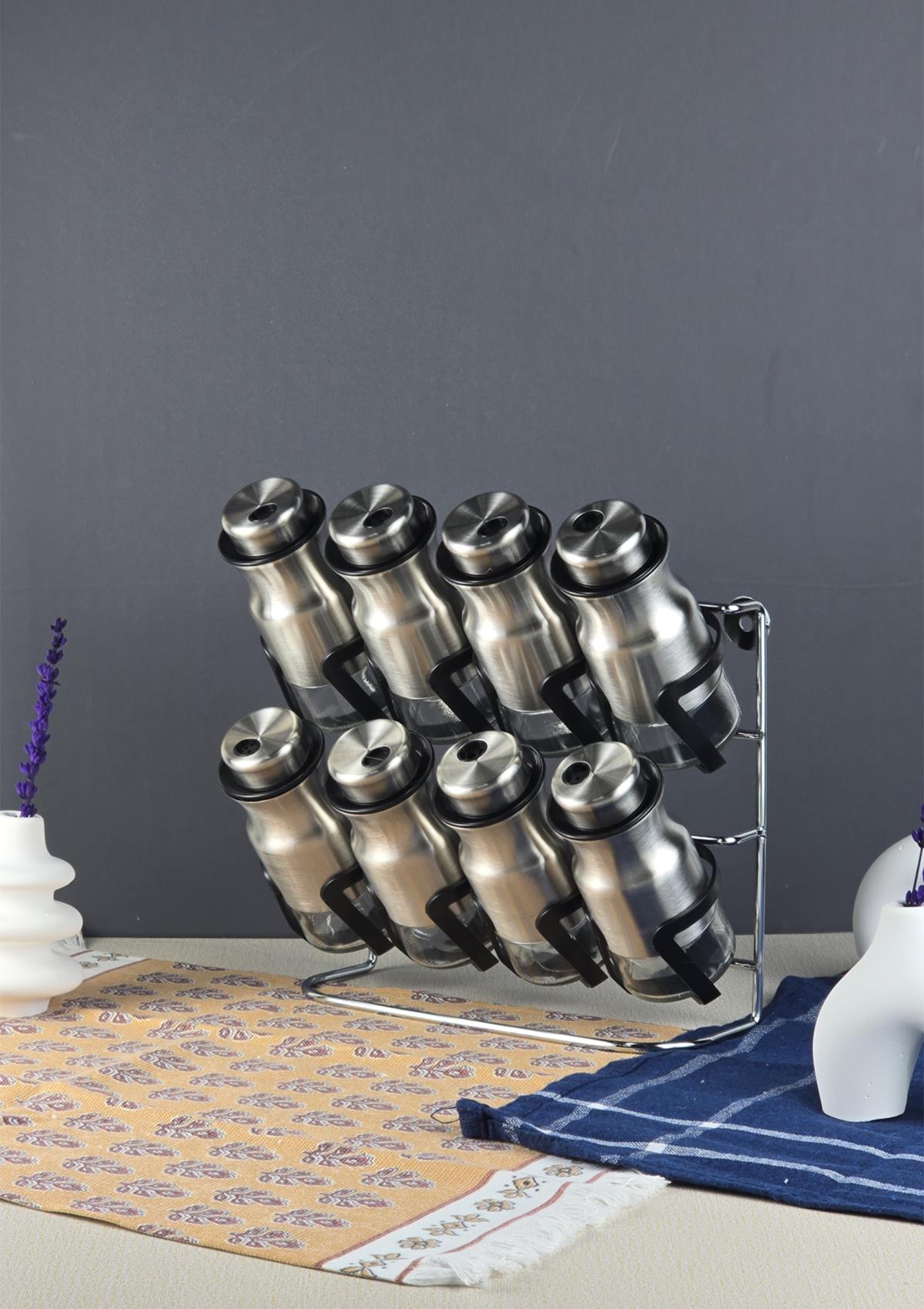 Duvara Monte Edilebilir Baharatlık Takımı - Stantlı Tuzluk Seti - 8 Parça, 125 ML - Gümüş