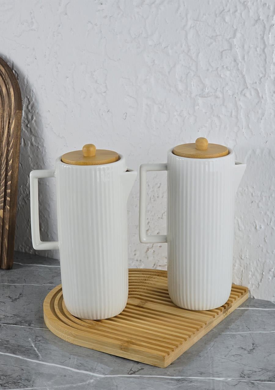 Mitra Porselen Yağlık Seti - Bambu Stantlı Yağdanlık Takımı - 2x600 ML