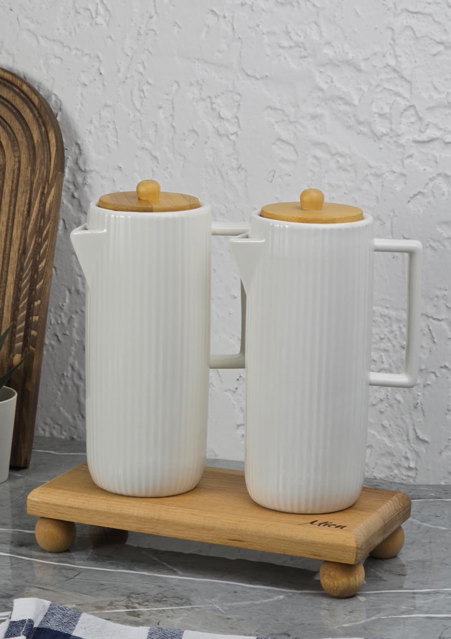 Porselen Yağdanlık Seti - Ahşap Stantlı 2x600 ML
