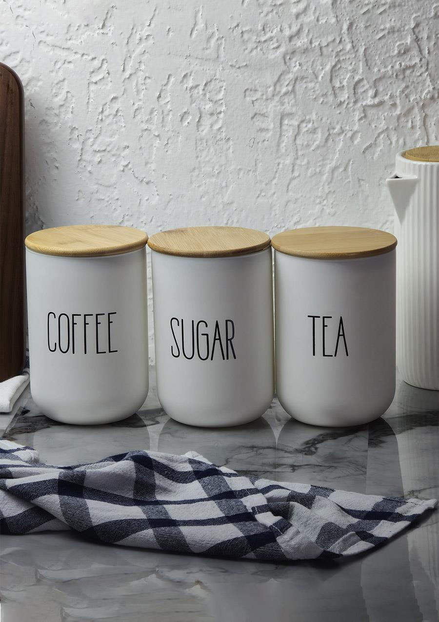 Seramik Kavanoz Seti - Bambu Kapaklı Kavanoz Takımı - Büyük Boy, 3x1000 ML