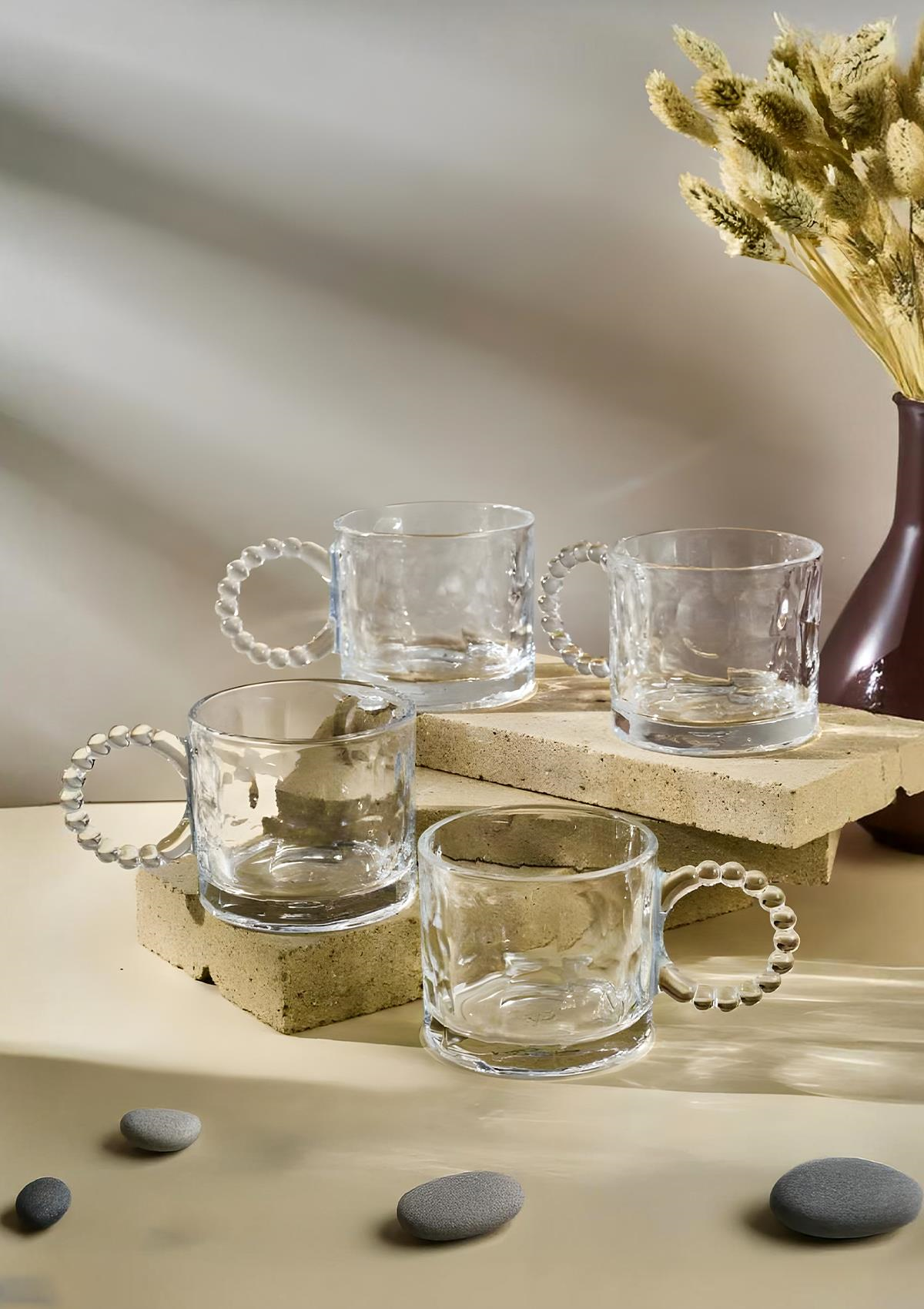 4lü Cam Kupa Seti - Boncuklu Kulp Çay Bardağı Takımı - 200 ML - Taş Desen