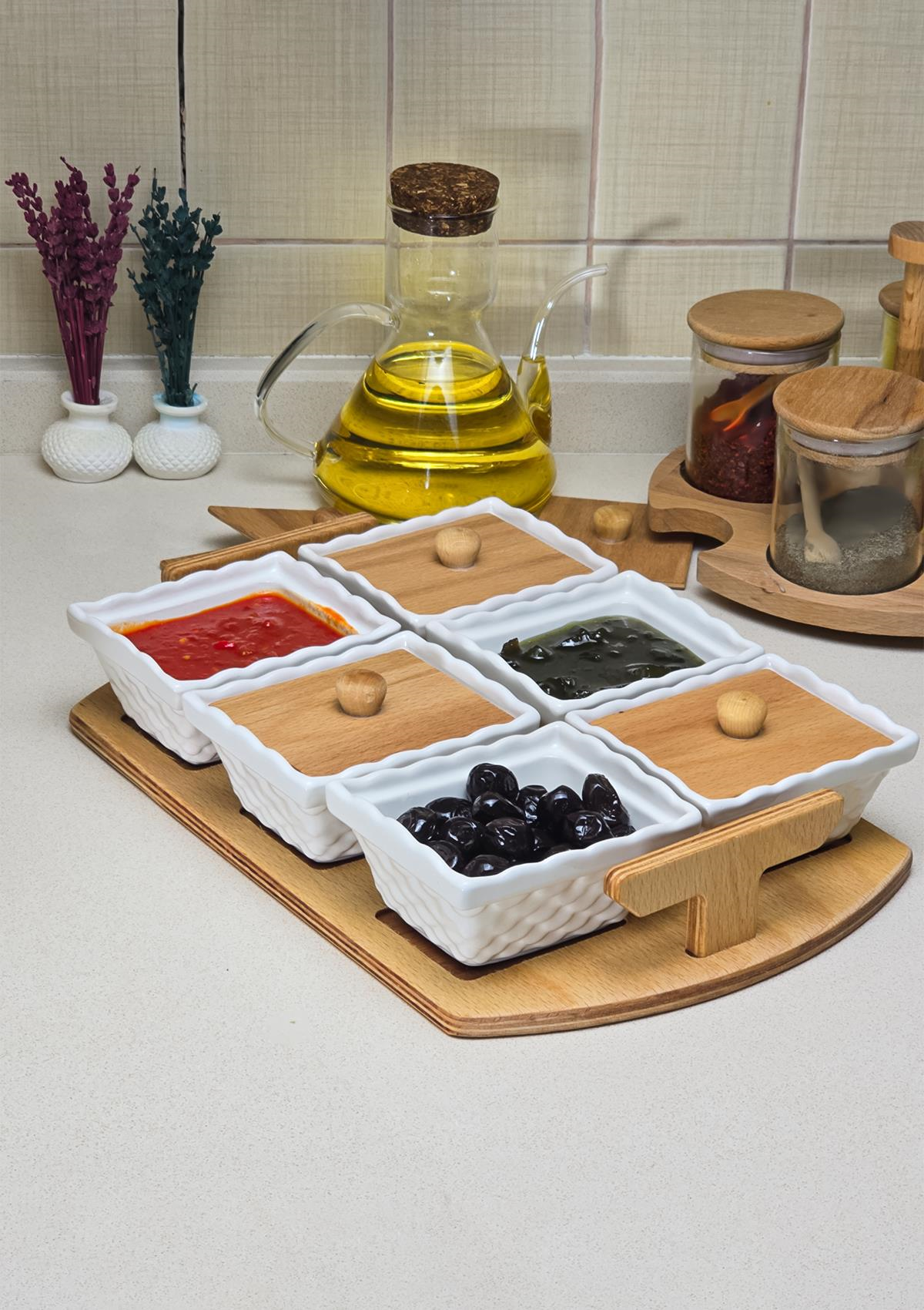 Ahşap Stantlı Kahvaltılık Takımı - Porselen Kahvaltı Seti - 13 Parça