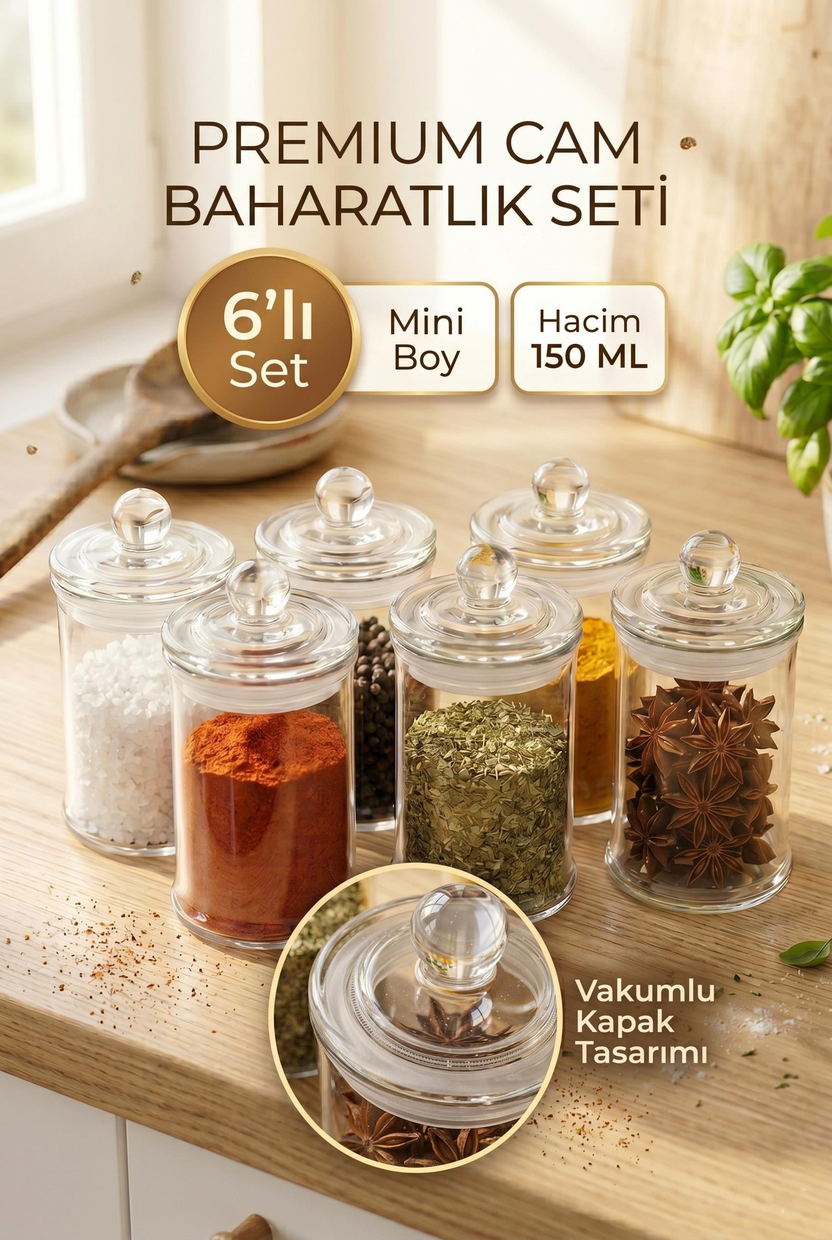 6lı Mini Cam Kavanoz Baharatlık Seti - Vakum Kapak, 6x150 ML