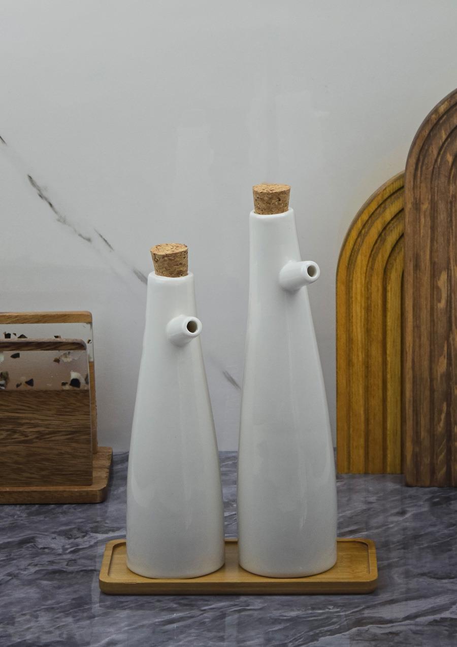 Pure Porselen Yağdanlık Seti - Bambu Altlıklı 2'li Yağlık Sirkelik Seti - 240+300 ML