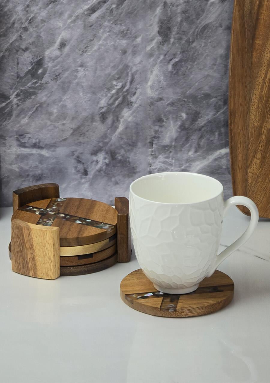 Akasya 4lü Bardak Altlığı  - Stantlı Çay Tabağı Takımı - 5 Parça, 11 CM