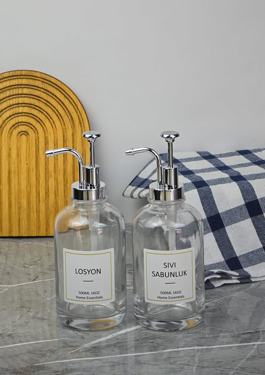 Cam Sıvı Sabunluk Seti - 2li Spreyli Losyon ve Sabun Dispenseri - 2x500 ML
