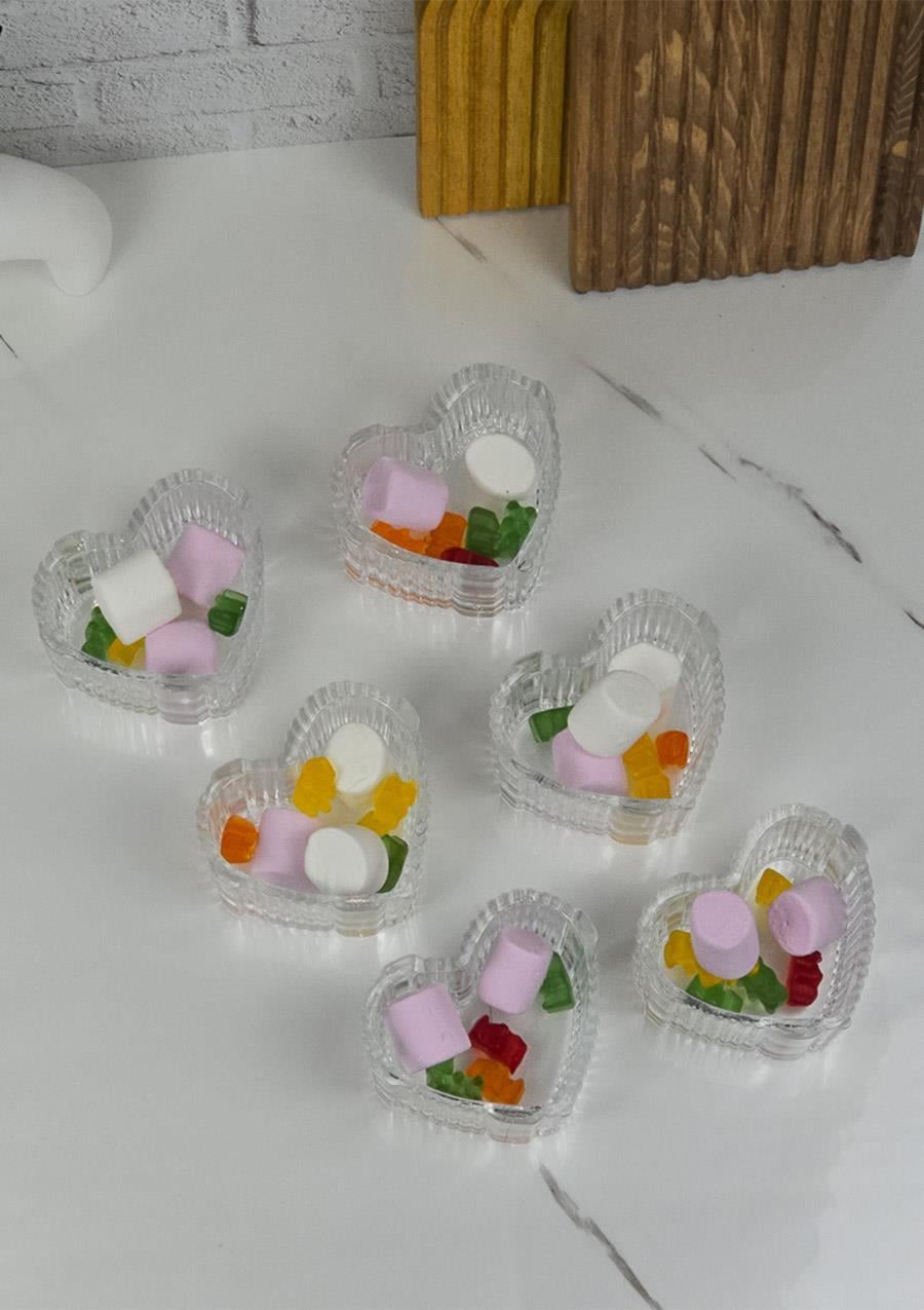 Suriyana Cam Magnolya Kasesi - Kalp Şekilli 6lı Cam Kase Seti - 130 ML