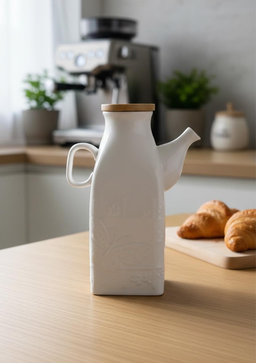 Porselen Süt Şişesi - Bambu Kapaklı Yağdanlık 650 ML