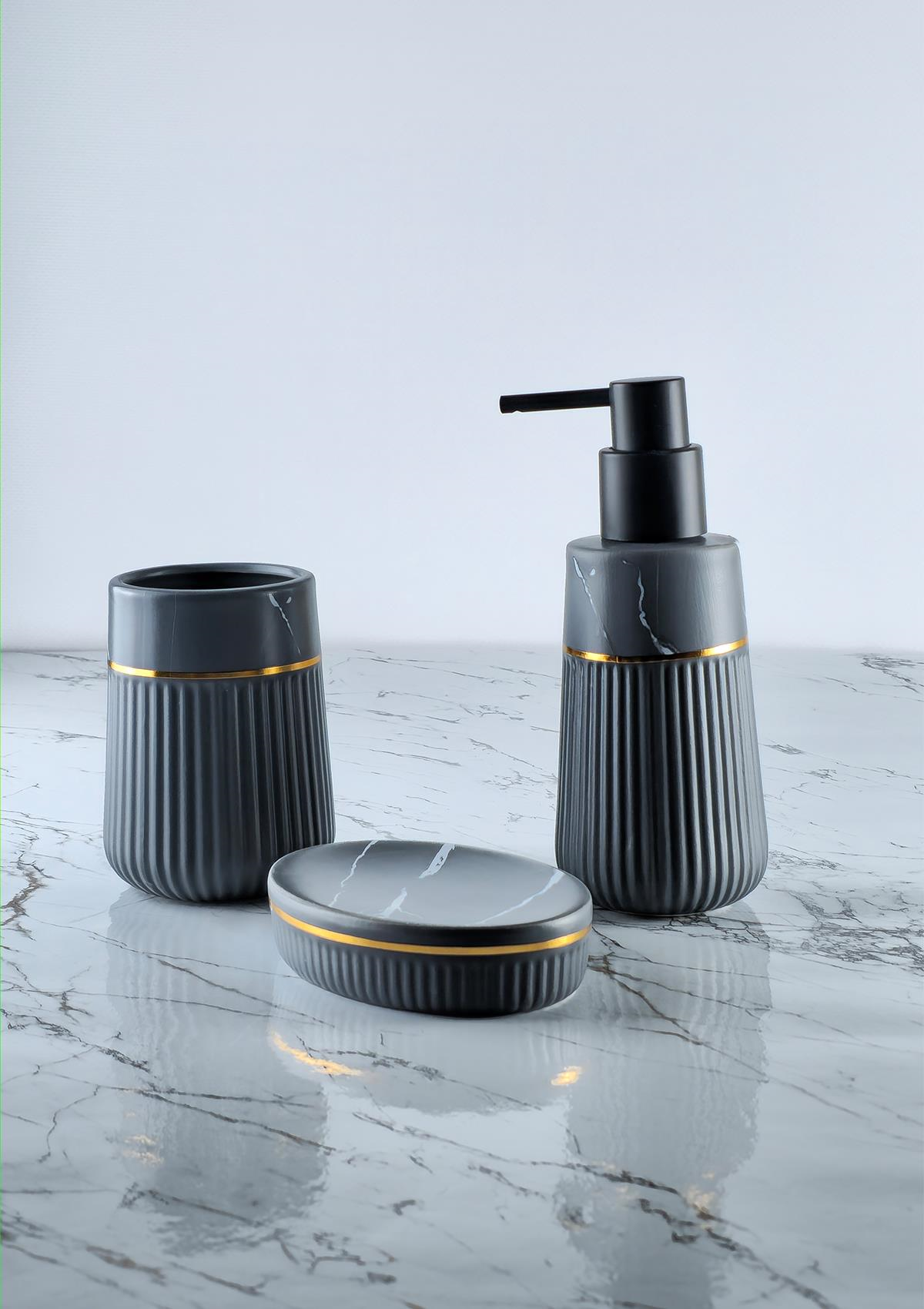 Seramik Sıvı Sabunluk Seti - 3'lü Seramik Banyo Takımı - Gri - 3 Parça