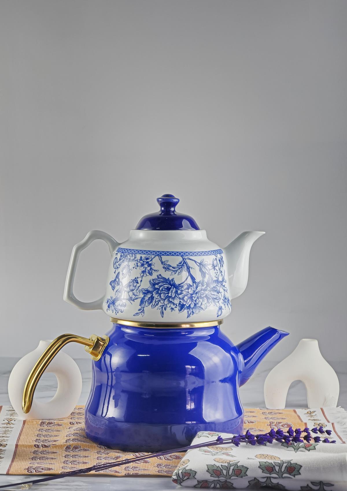Alev Emaye Porselen Çaydanlık Takımı - Emaye Kettle Porselen Demlik - 3.5 Litre