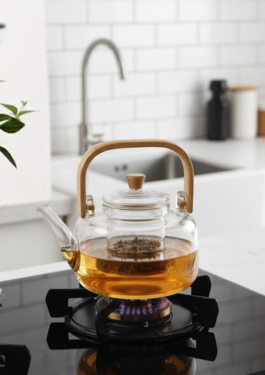 Borosilikat Cam Demlik - Bambu Kulplu Bitki Demliği - Isıya Dayanıklı 800 ML