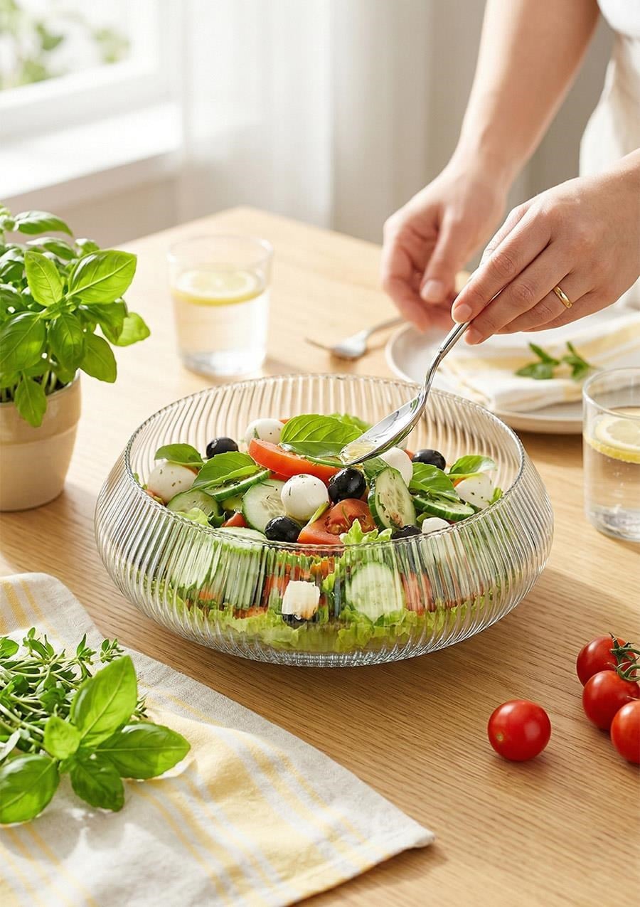 Büyük Boy Cam Salata Kasesi - Çizgili Salata Tabağı 30 CM