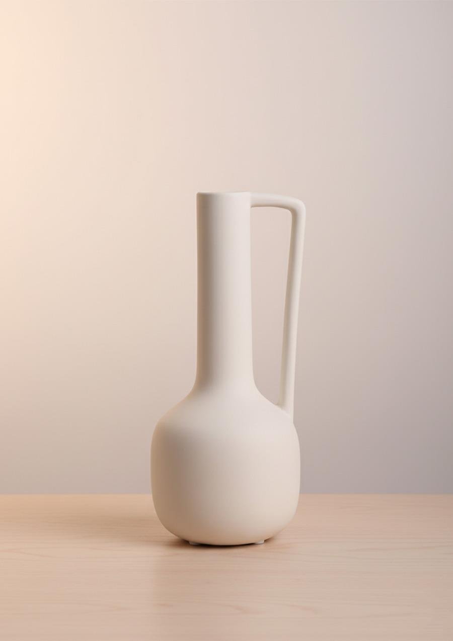 Fiona Seramik Vazo Kulplu, Beyaz 25 CM