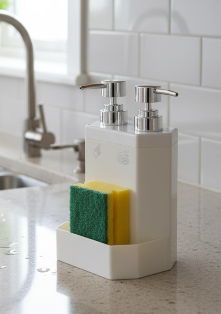 Lecce Çift Hazneli Mutfak Sıvı Sabunluk Seti - Plastik Sıvı Sabunluk Takımı - 850 ML
