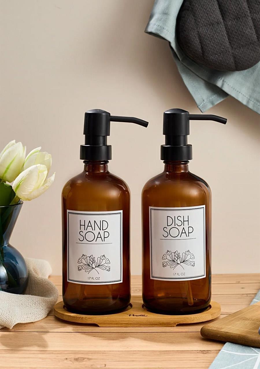 Lozione 2’li Mutfak Sıvı Sabunluk Seti - Bambu Stantlı Sıvı Sabunluk Takımı - 2x500 ML, Siyah Amber