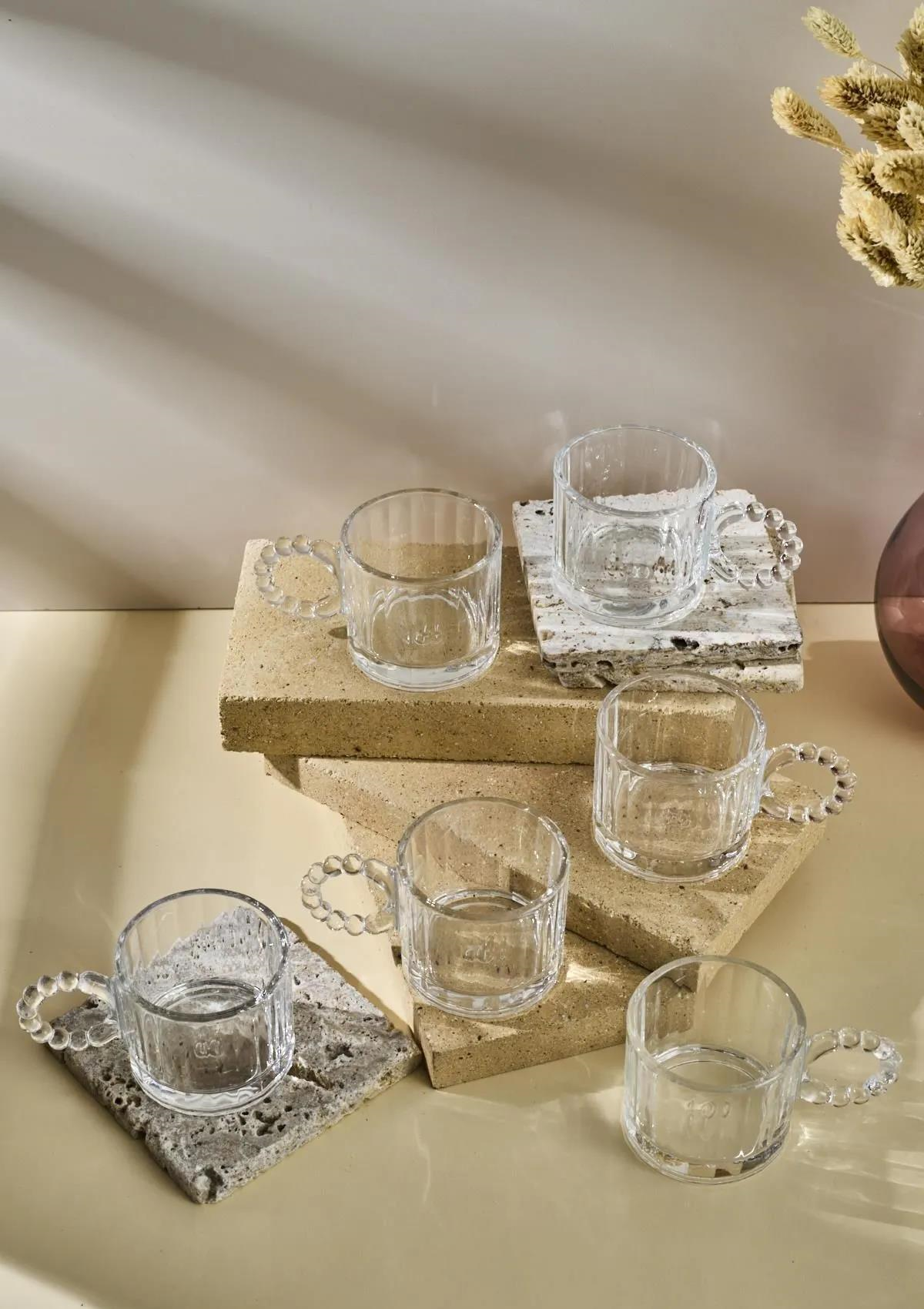6lı Cam Kupa Seti - Boncuklu Kulp Çay Bardağı Takımı - Çizgi Desen - 100 ML