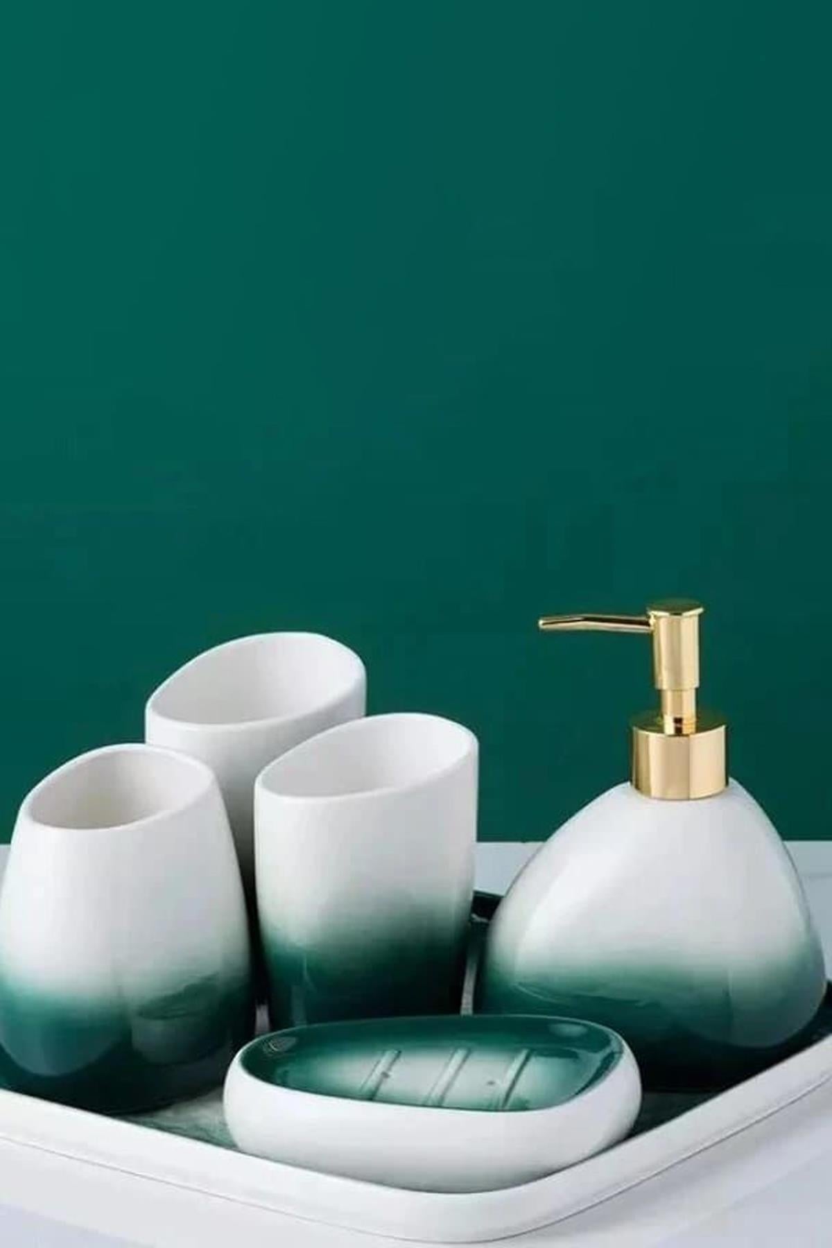 Porselen Banyo Seti Stantlı Wc Sıvı Sabunluk Lavabo Takımı 6lı 