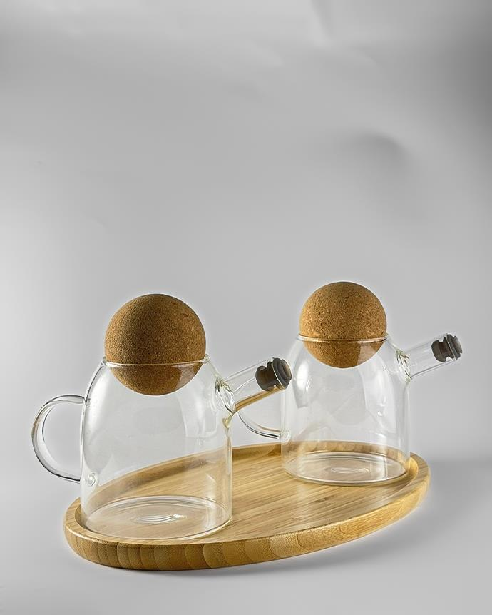 Bambu Cam Yağdanlık Set - Mantar Kapak 2'li Yağlık Takımı - Sirkelik, Sosluk - 2x500 ML