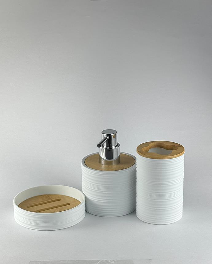 Soft Touch 3'lü Bambu Detaylı Lavabo Seti - 3 Parça Akrilik Banyo Takımı - Beyaz