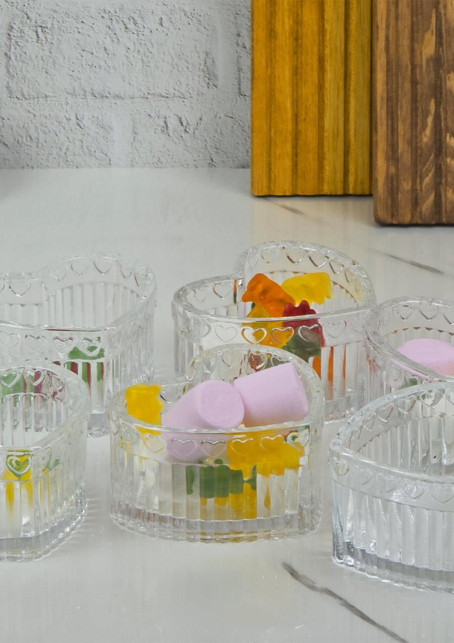 Liliyana Cam Magnolya Kasesi - Kalp Şekilli 6lı Cam Kase Seti - 130 ML