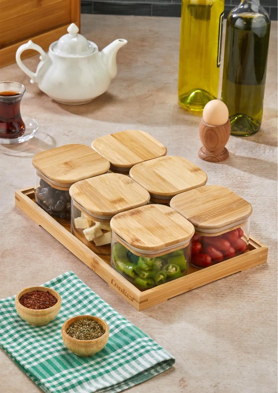 Cam Kahvaltılık Seti - 6lı Bambu Kapaklı Kahvaltı Takımı - 6x450 ML, 13 Parça, Kare