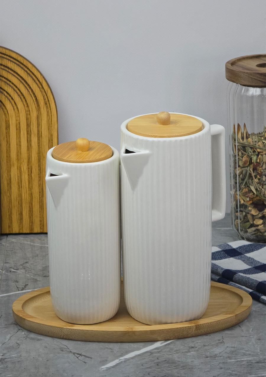 Porselen Çizgili Yağlık Seti - Bambu Vakum Kapaklı Yağdanlık Takımı - 1 Litre+600 ML
