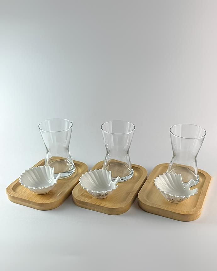 Bambu Altlıklı Çay Bardağı Seti - Lokumluklu Çay Takımı - 3 Kişilik Set, 9 Parça