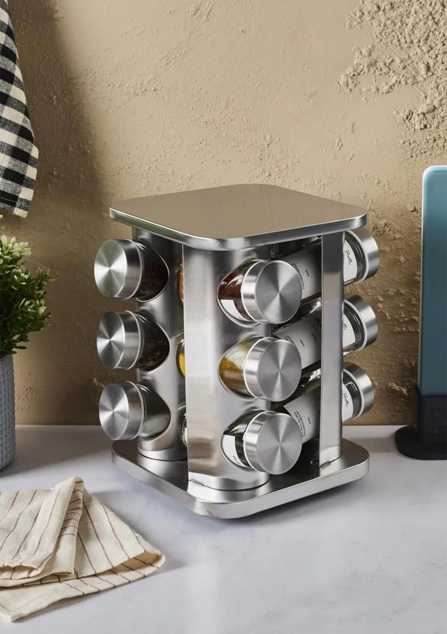 Metal Döner Standlı Kare Cam Metal Kapaklı Casa Inox 12`li Standlı Baharatlık Seti