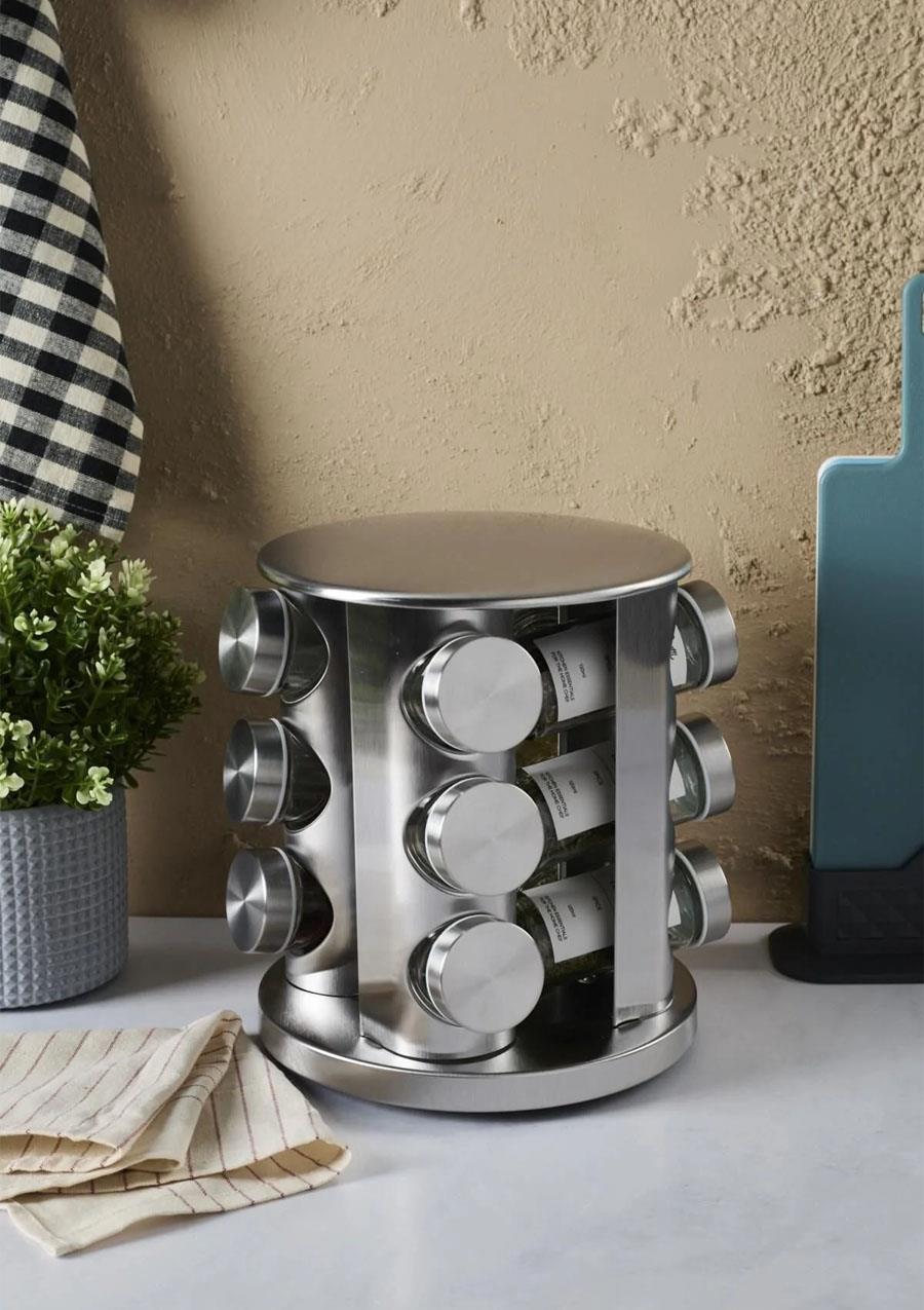Metal Döner Standlı Yuvarlak Cam Metal Kapaklı Casa Inox 12`li Standlı Baharatlık Seti