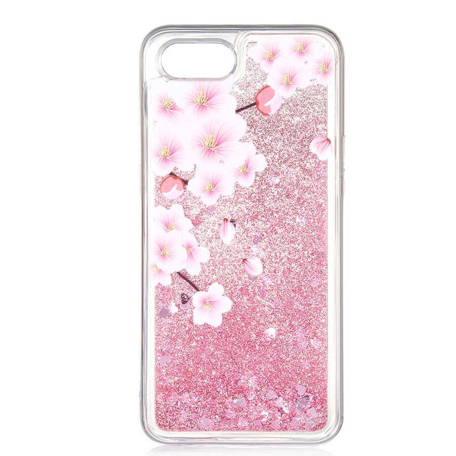 Oppo Realme C2 Çiçek Desenli Simli Telefon Kılıfı Pembe Silikon Telefon Kılıfı