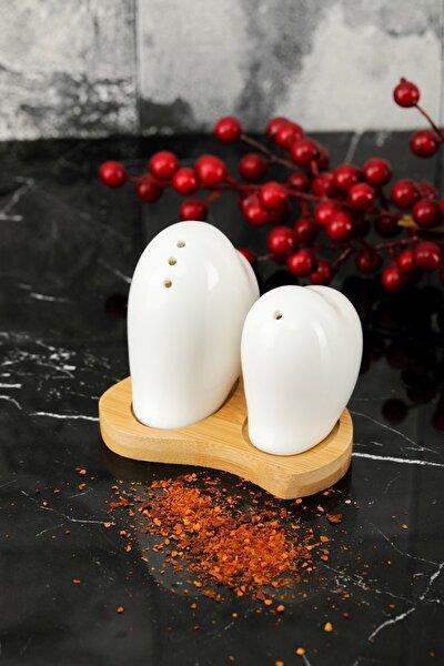 Porselen 2'li Tuzluk Baharatlık Set Bambu Kalpli | Hometarz