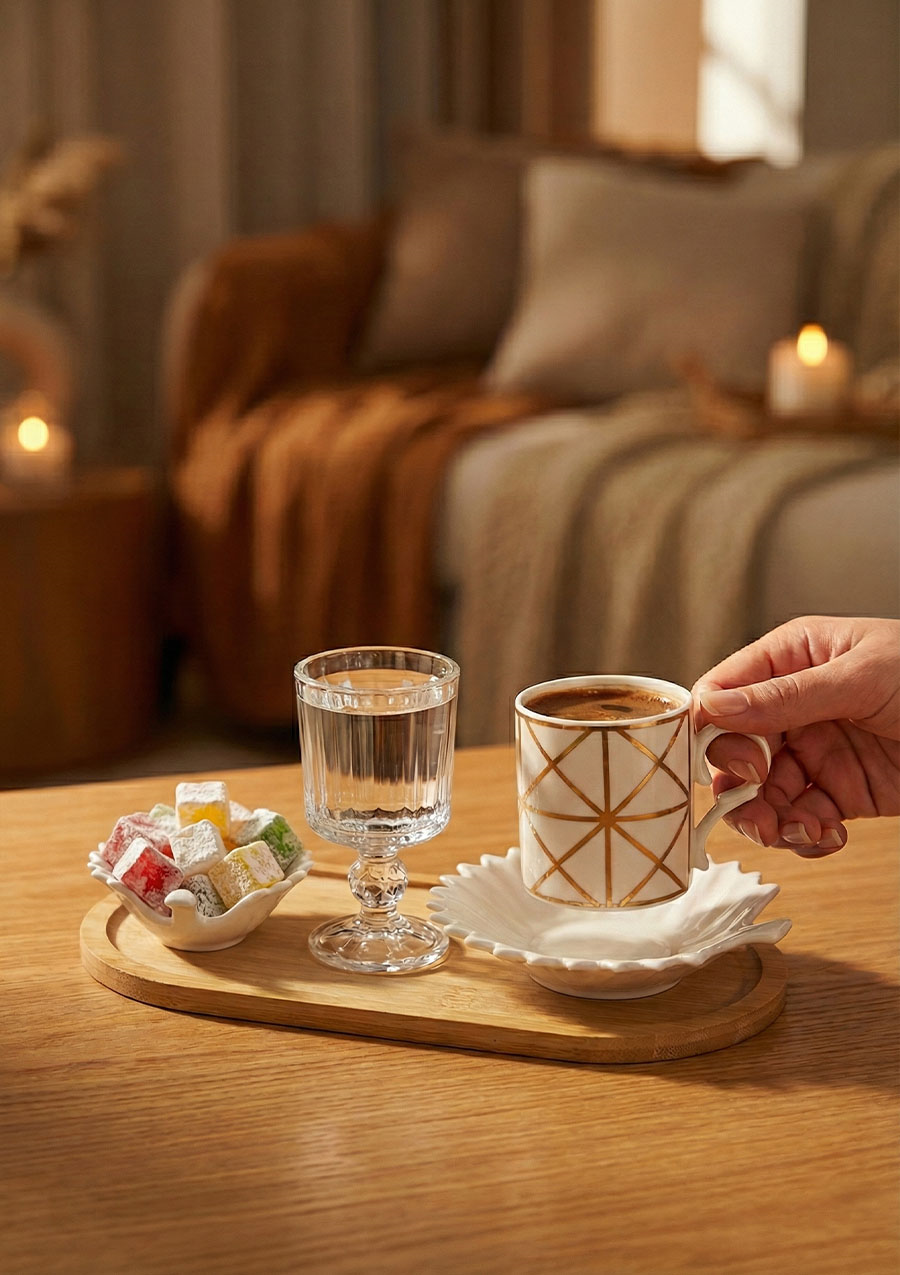 Porselen Kahve Fincanı Seti - Bambu Kahve Takımı - 90 ML, 30 Parça