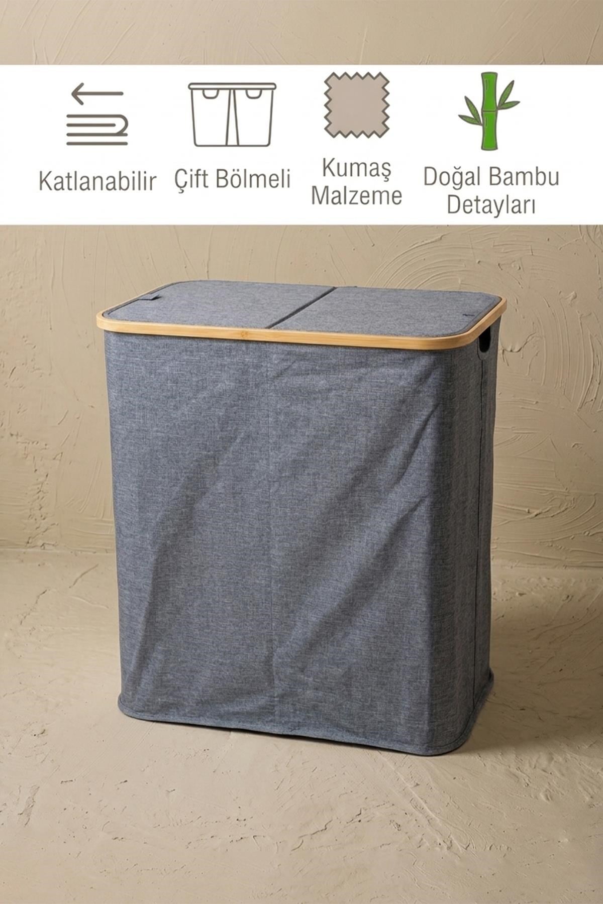 Vıch İki Bölmeli Katlanır Çamaşır Kirli Sepeti Gri 54x54x34 