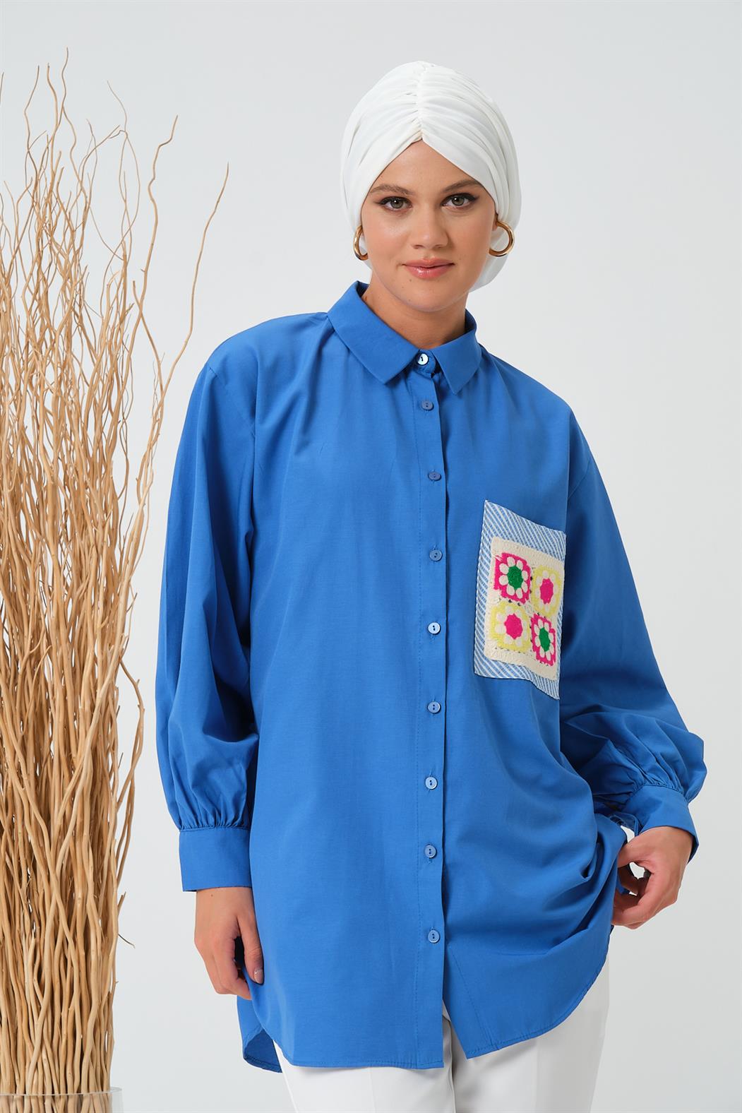 23237-Kadın Gömlek Cep Dantelli - Mavi