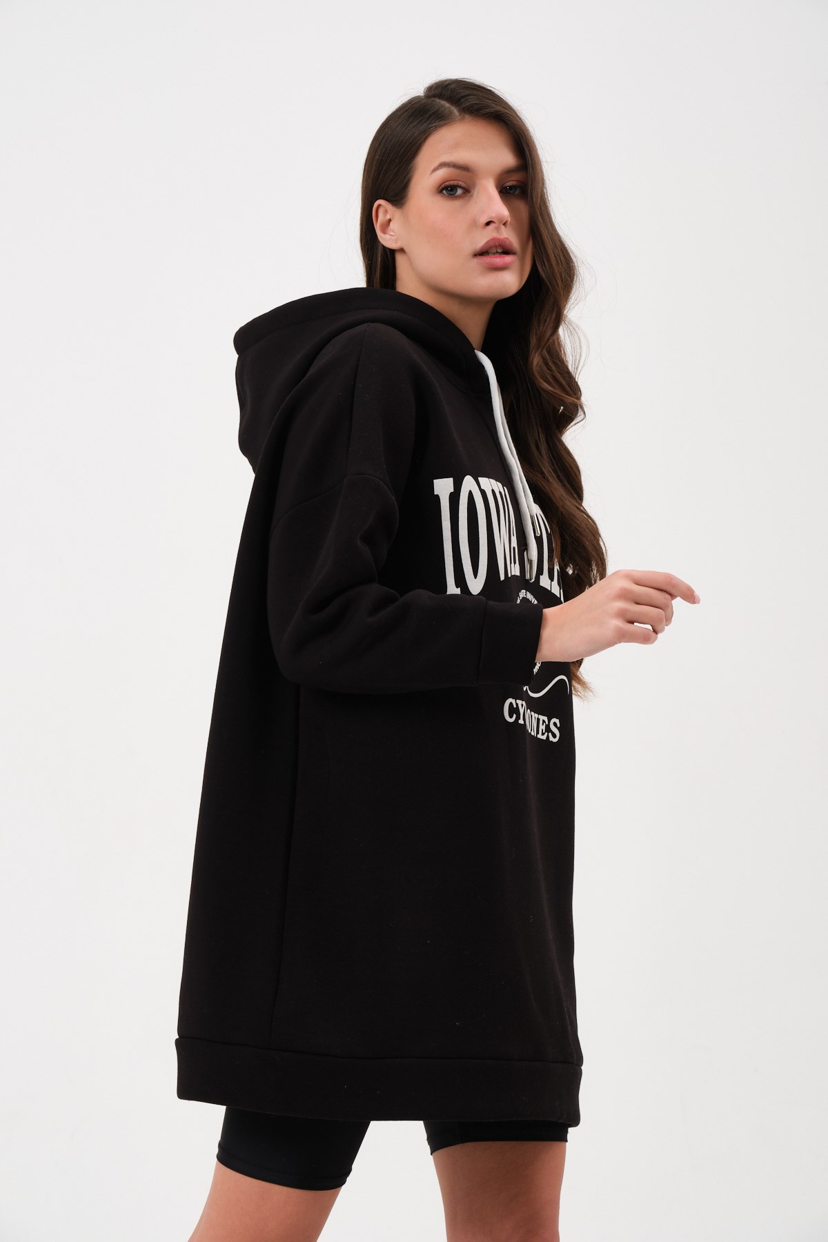 23140-Kadın Oversize Uzun Kapüşonlu Kalın İçi Yumuşak Pamuklu Sweatshirt -  Siyah