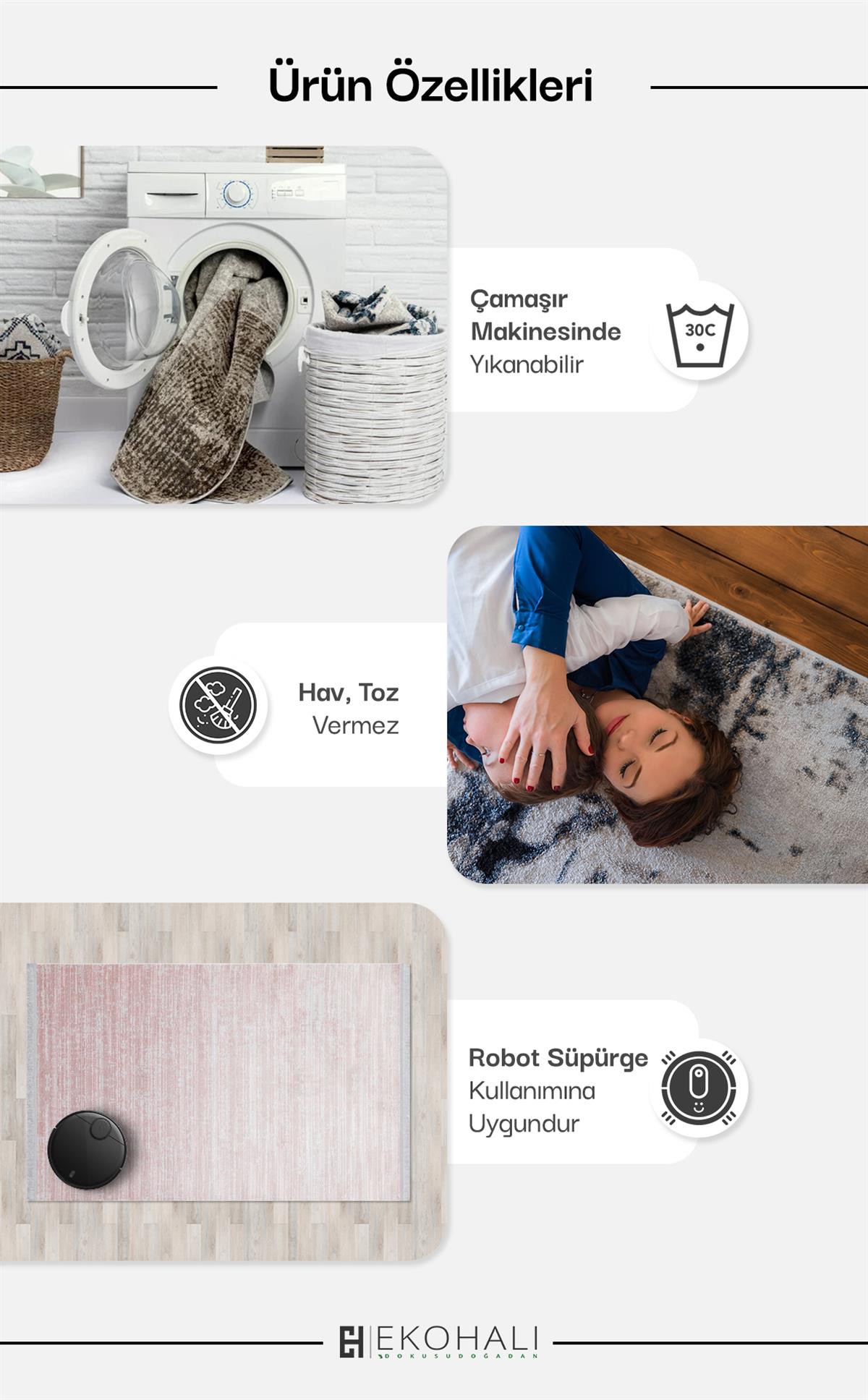 ASOS AS 08 NATURAL GREY  Jüt Hasır Görünümlü Hav Toz Vermeyen Çift Taraflı Kullanılabilen Yıkanabilir Kilimler