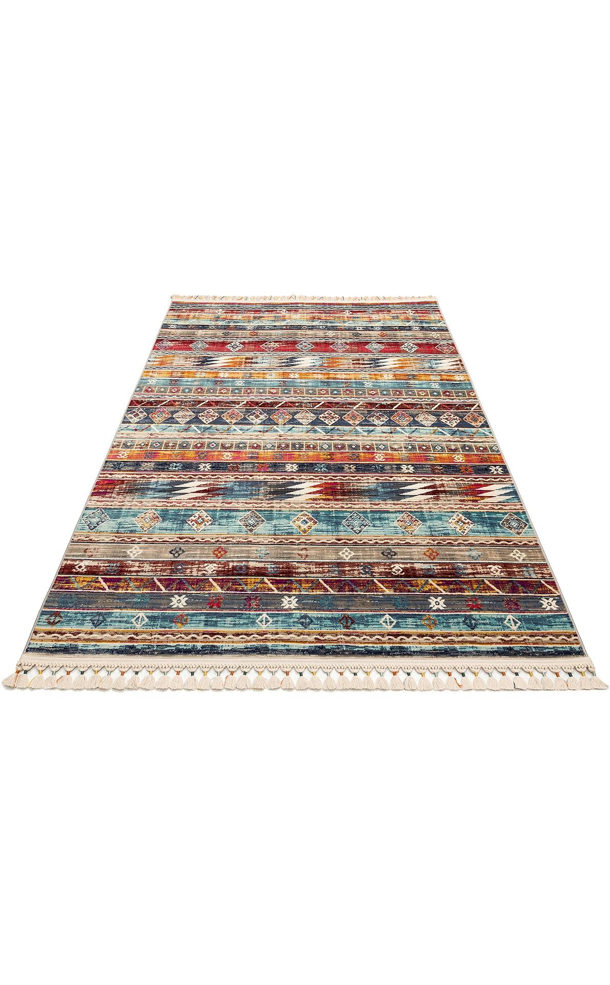 PETRA PR 03 MULTY  Hav Toz Vermez Etnik ve Modern Desenli Renkli Saçaklı Halı