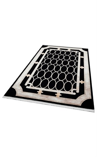 BAROQUE BR 06 BLACK  Art Deco Bordürlü Çerçeveli Yumuşak Dokulu Parlak Dokuma Halı